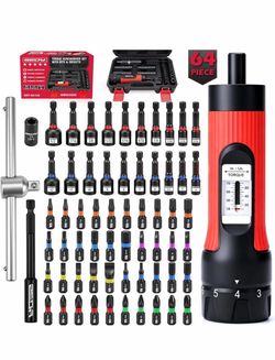 64-Piece Torque Screwdriver Set, 10-70 in-lb, 1/4" Drive Inch Pound Torque Wrench with 40 S2 Bits, 20 CR-V Magnetic SAE and Metric Nut Drivers, T-Bar,