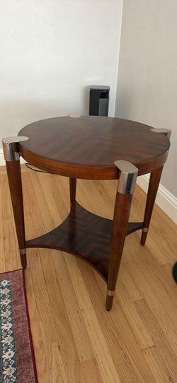 Round Wood Side Table with Metal Accents