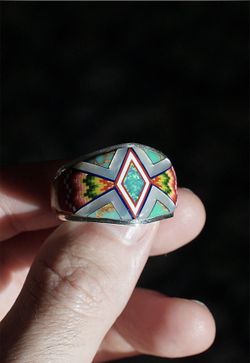 Navajo Power Ring Sterling Silver Opal & Turquoise