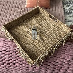 XL Boho Water Hyacinth Tray / Basket With Straw Fringe