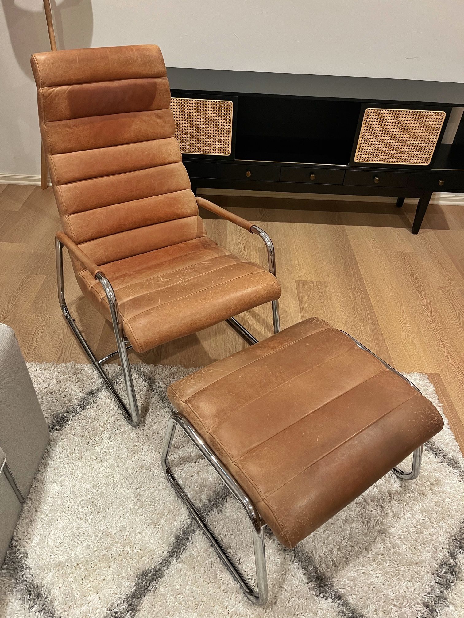 CB2 Leather Lounge Chair & Ottoman