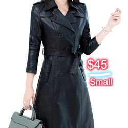New! Small- Women double Breasted Faux Leather Mid long Jacket Coat 