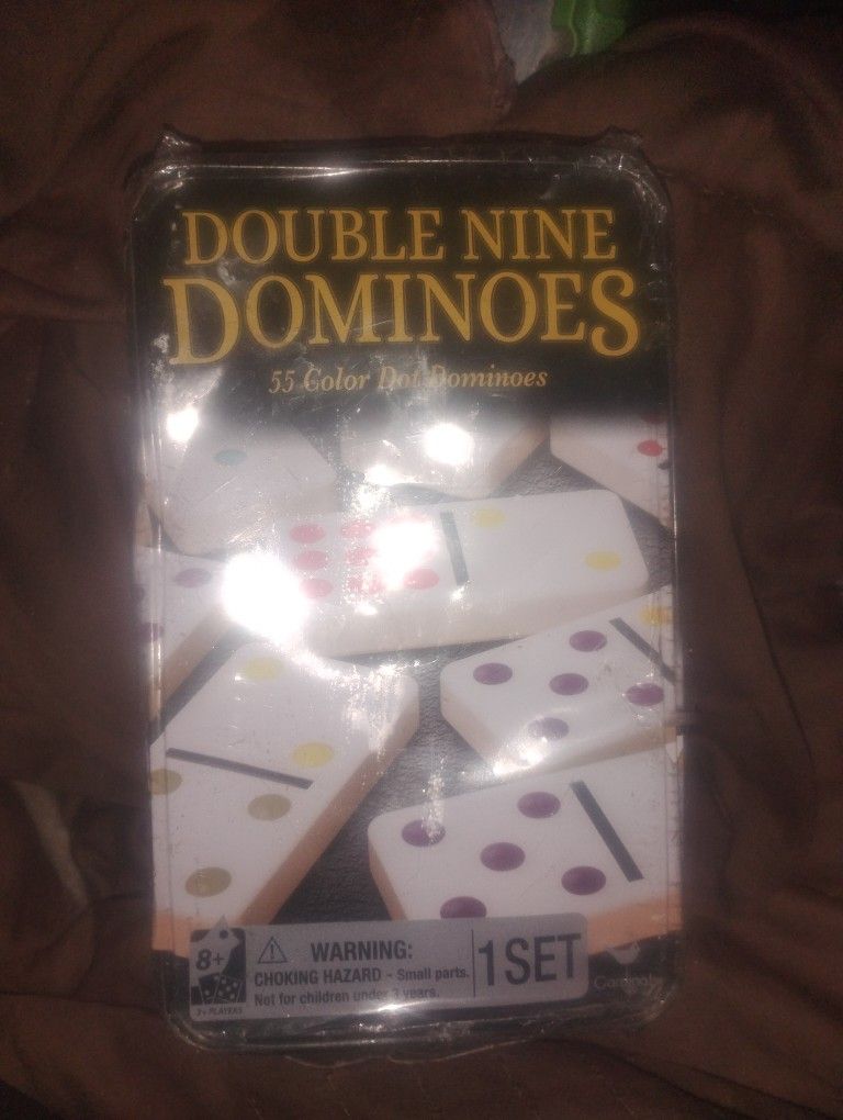 Cardinal Double Nine Dominoes in Tin 55 Color Dot Dominoes 1 Set New Never Opened tin dented a litle