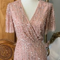 [LONG] NWT Mac Duggal 35109 Nude Pink 6 Embellished Flutter Sleeve Gown Dress
