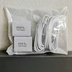 (Set of 2), 60W Fast Charger with 10ft USB Type C Cable, 4 Port Charging Block 