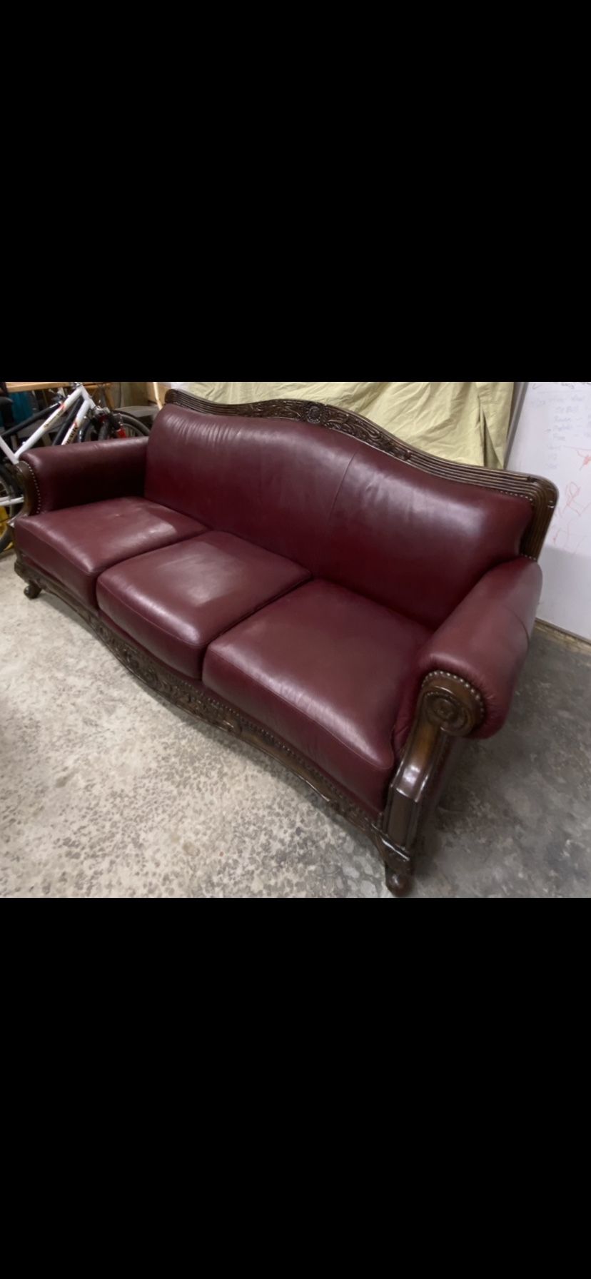 Hand Carved Wood And Leather Couch 