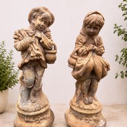 Vintage Pair 2 Garden Statues Landscape Art Collectibles Yard Art 
