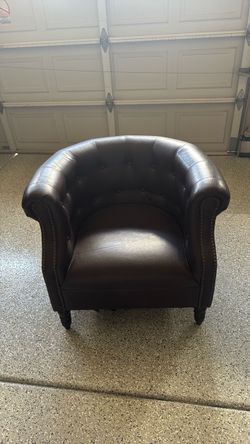 Dark Brown Leather Tufted Barrel Chair