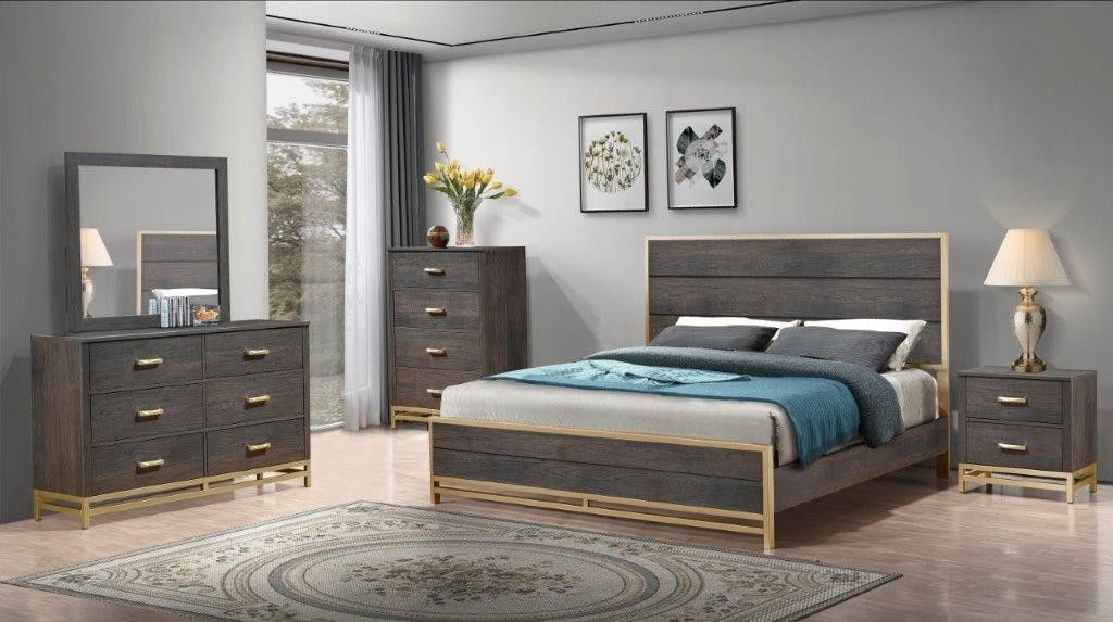 Brand New Rustic Brown With Gold Trim Queen Bedframe + Dresser + Mirror + Nightstand 4PCs Set