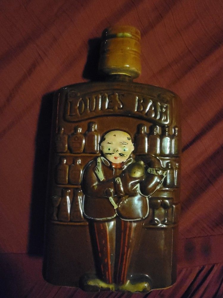 1950's Redware Liquor Whiskey Bottle ~ LOUIE'S BAR, Made in Japan