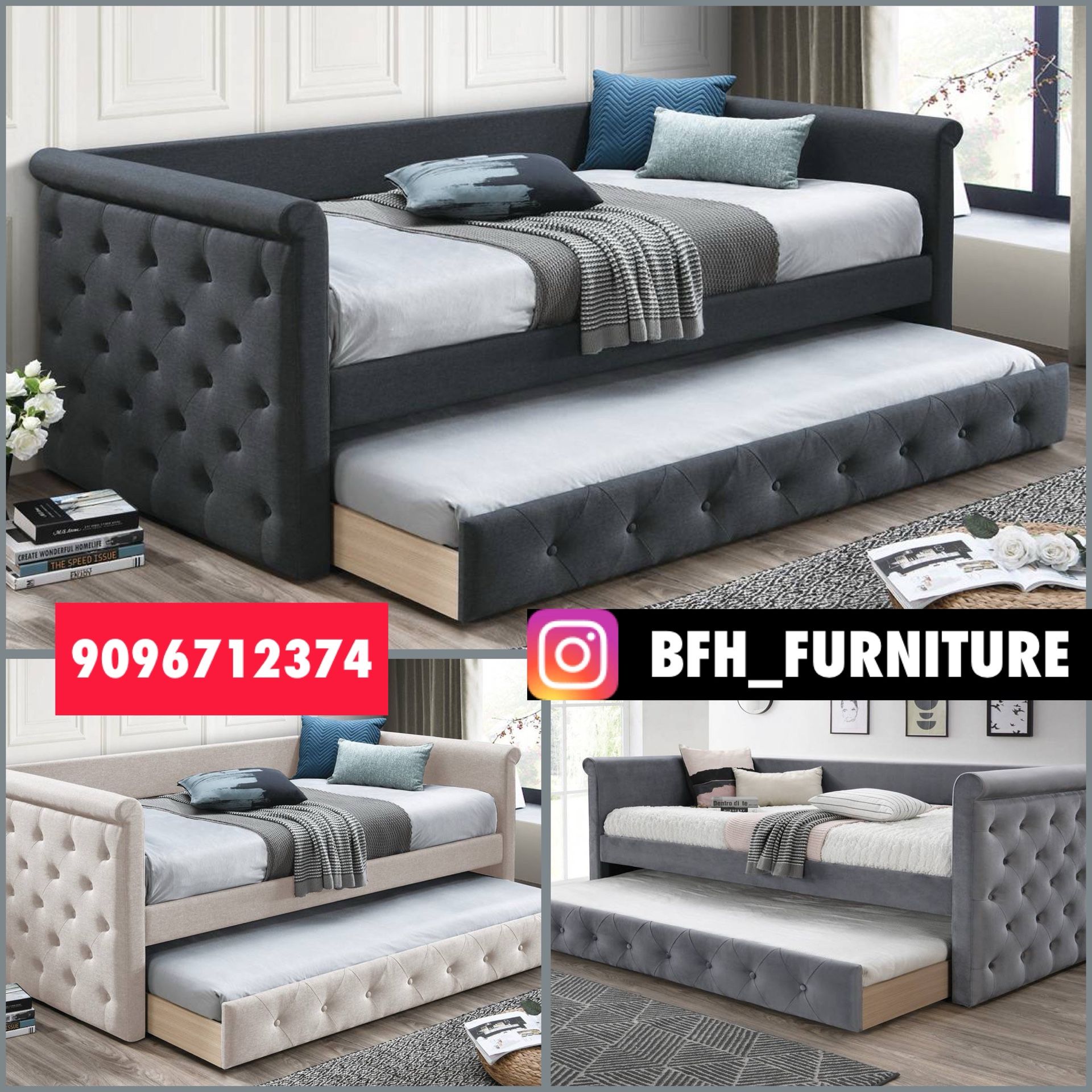Twin/Twin Gray European Style Tufted Daybed w. Orthopedic Mattresses Included 