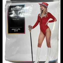 Boss Lady Women’s Adult Large/XL  (10-14)Red Body Suit/hat Halloween Costume  New, brand modern hero, made China, new seal bag, includes 2 pcs long sl