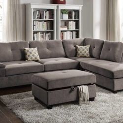 Brand New Grey Waffle Suede Sectional Sofa +Ottoman Sold Separately)