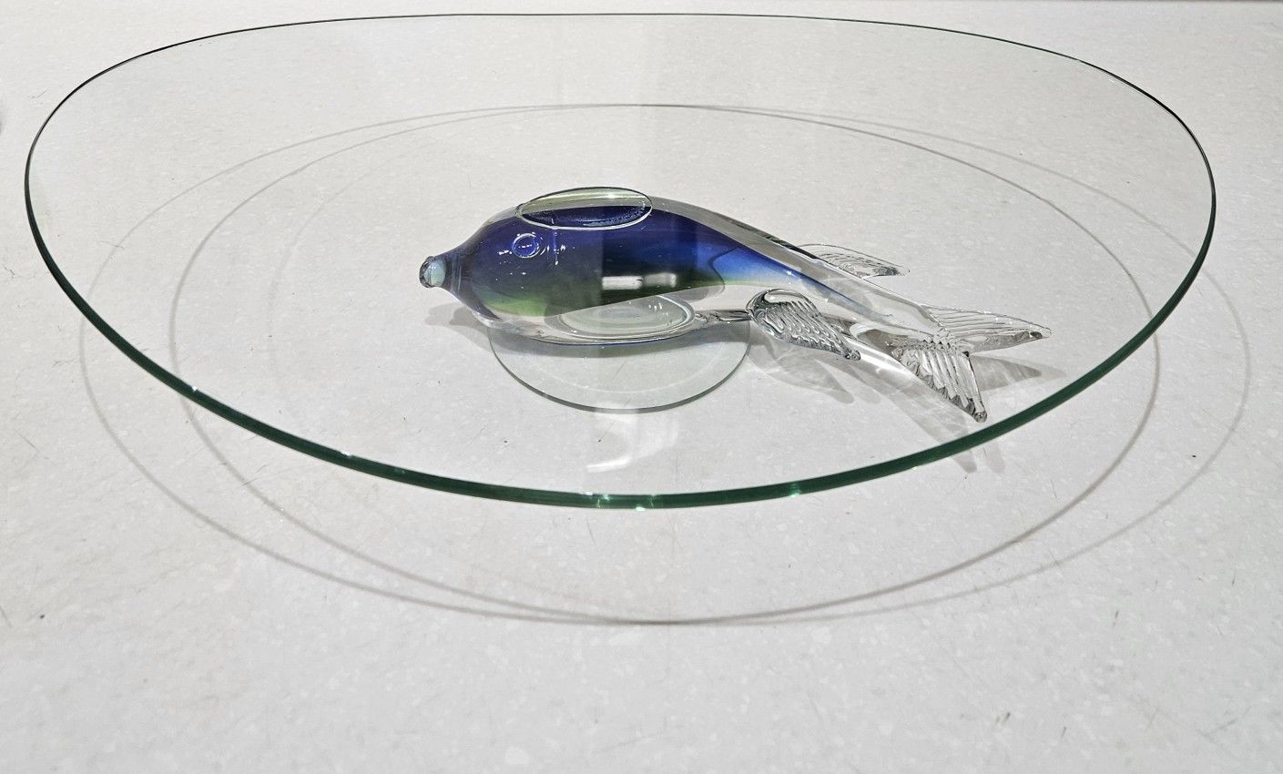 Murano Style Oval Glass Pedestal Serving Tray With Fish Base