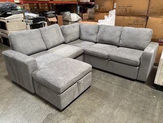 Grey chenille pull out bed with storage