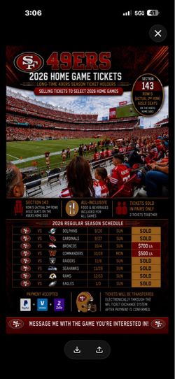 2 Amazing 49ers Lower Level Aisle Seats! All home games for sale