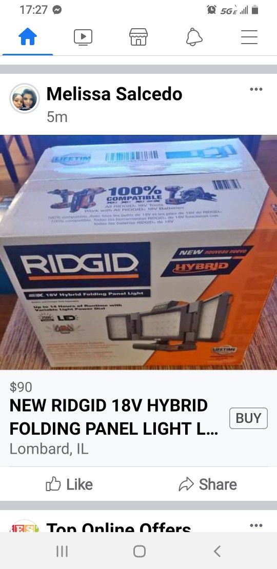 RIDGID 18 V HIBRYD FOLDING PANEL LIGHT