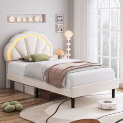 LED Bed Frame, Twin Size Velvet Upholstered Platform Bed with Adjustable Headboard, Lights Seashell Bed for Kids Girls, Off-White  Features
