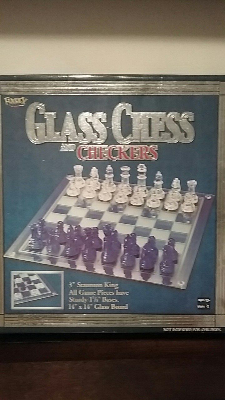 Brand New Fundex Glass Chess & Checkers Board Set. $30.00.