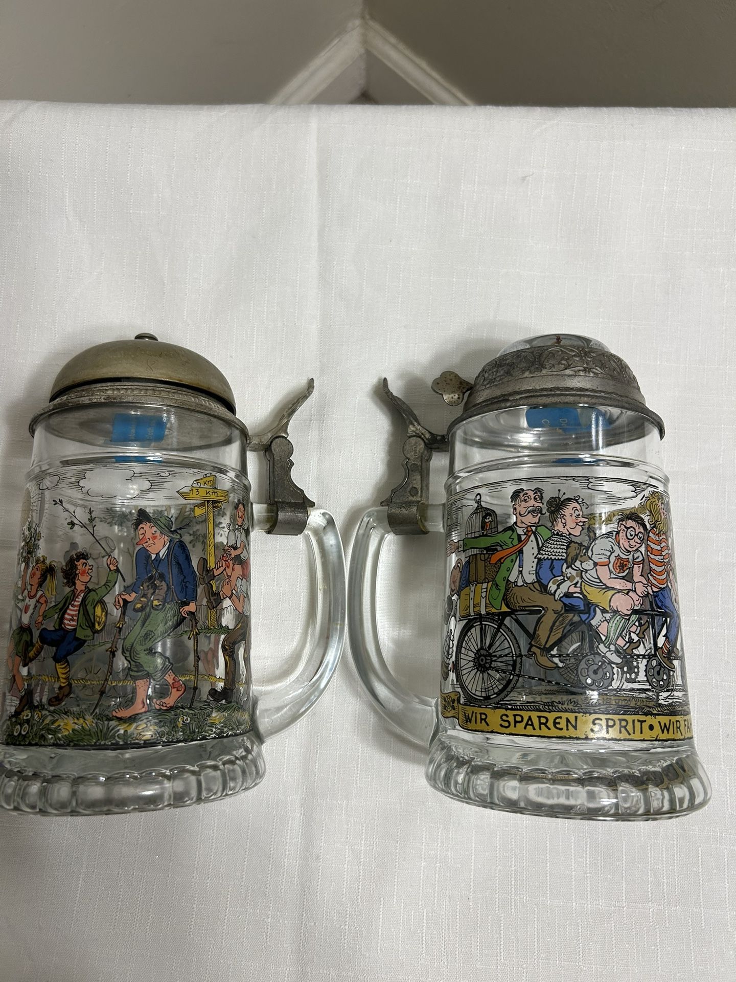 German Lithophane Beer Steins with Pewter Lids Set of 2