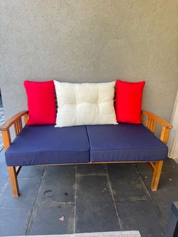 Outdoor Wooden Loveseat with Navy Cushions