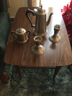 Pewter Tea kettle, sugar bowl and candle sticks