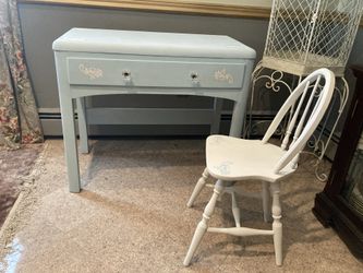 Shabby chic solid walnut refinished desk with child’s matching chair. 36L18W