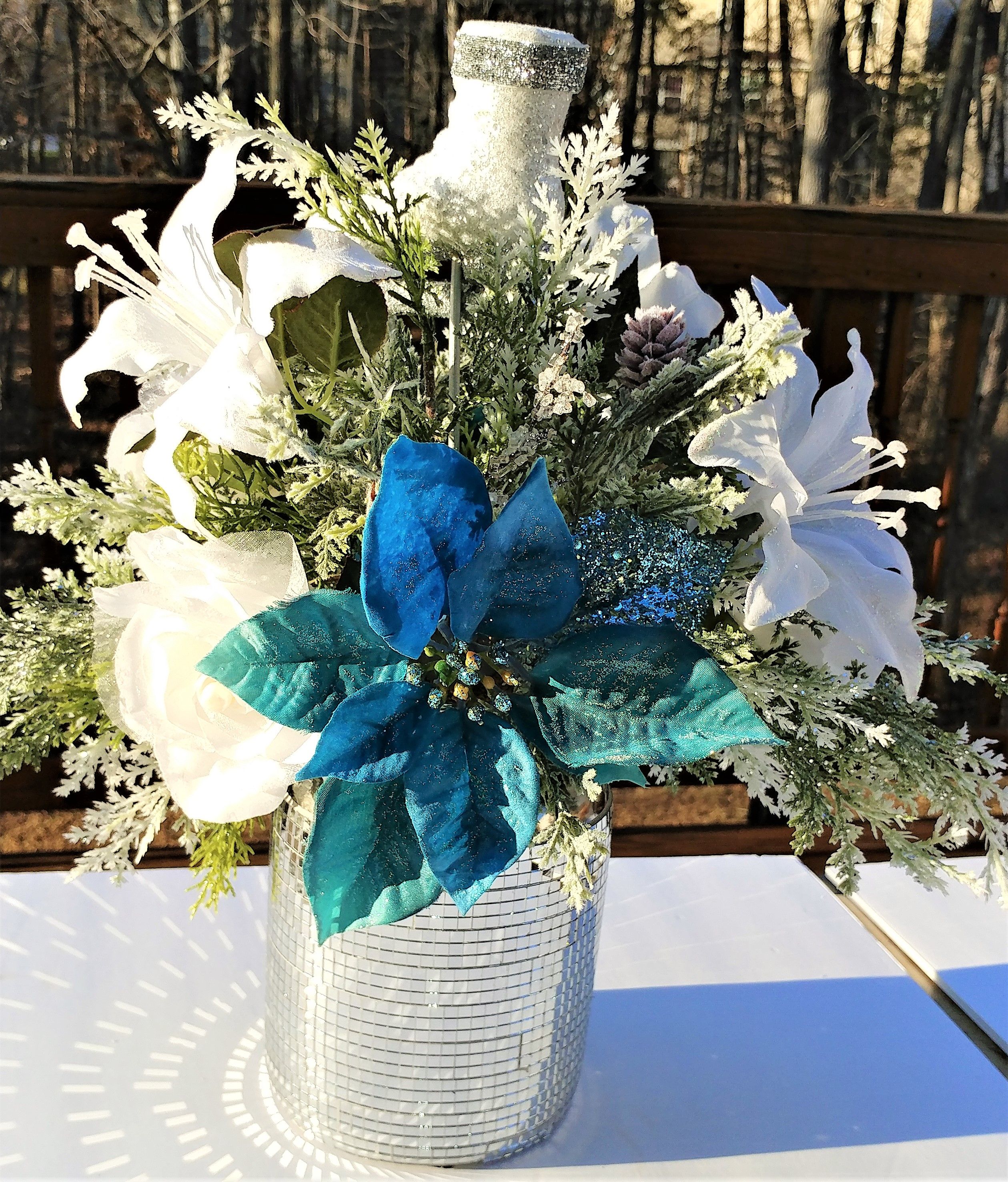 Blue and White Christmas Floral Arrangement – Handmade