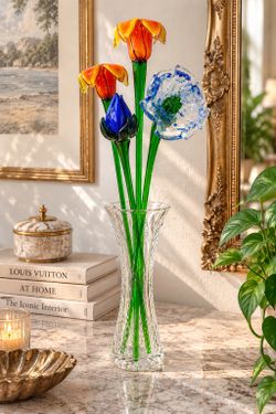 Vintage 4 Murano Italian Glass Hand Blown Art Glass Floral Bouquet Sculptural Flowers Fine Table Decor