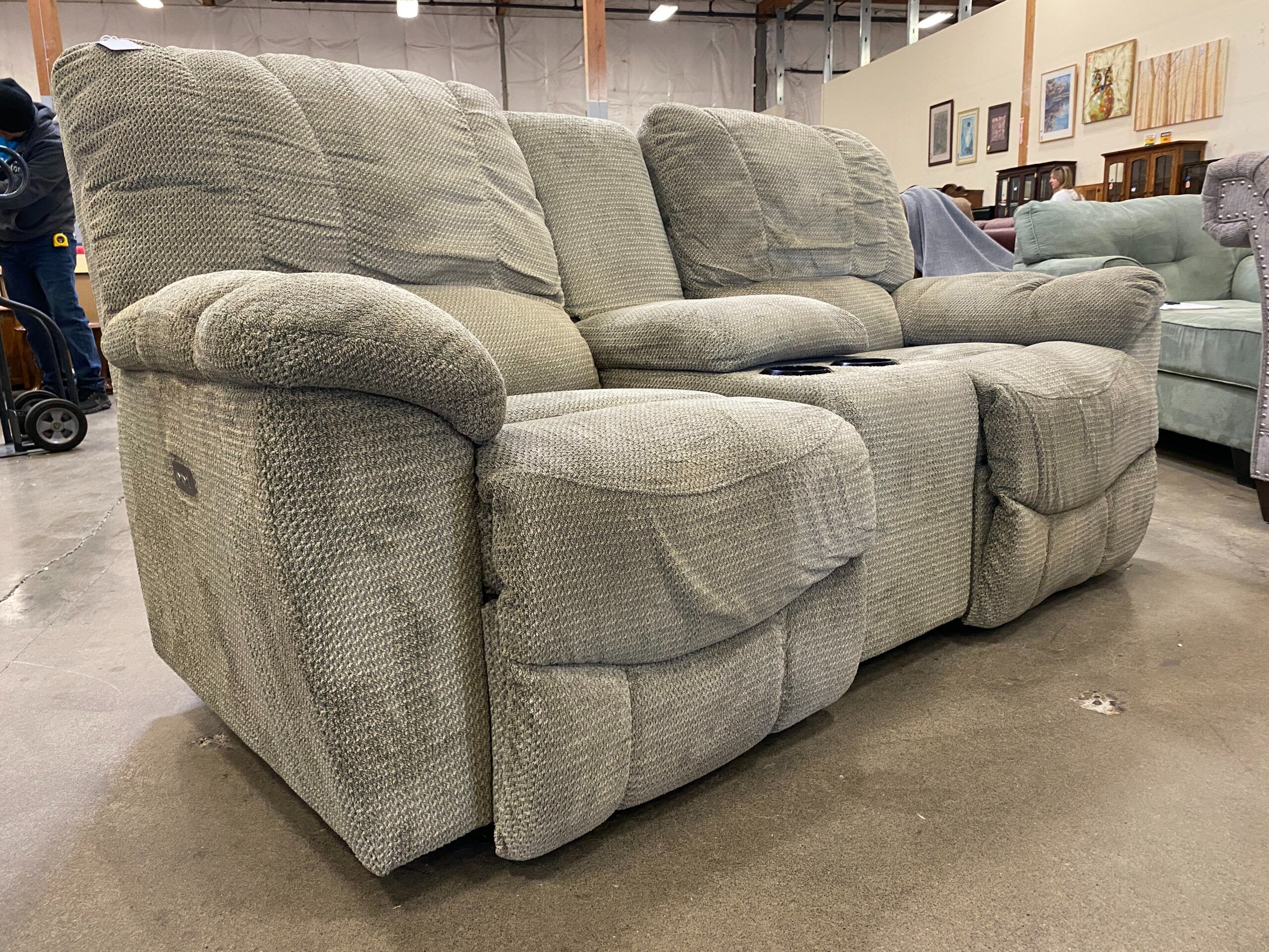 LA-Z-BOY Grey Chenille Power Recliner with Cup Holder Console