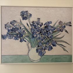 Vase with Violet Irises Against a Pink Background (28x22) by Vincent van Gogh — White Frame