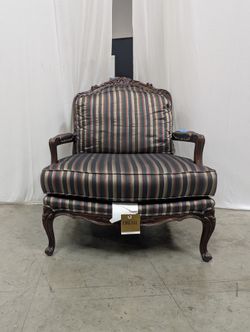 Carved Wood Drexel Accent Armchair with Striped Upholstery