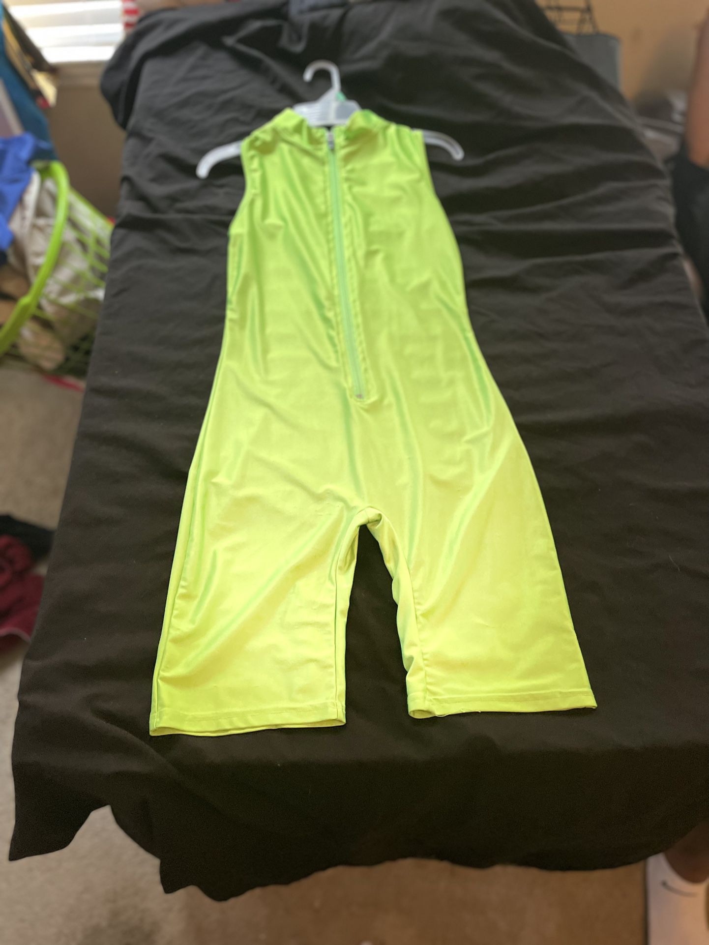 Neon Green Zip Up Biker Short Body Suit, Sz Small