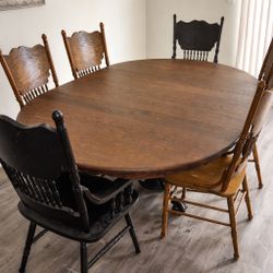 Solid Oak Dining Table with Chairs, Expandable Leaf
