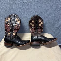 Cuadra Womens Floral Embroidered Tooled Leather Western Cowboy Boots Square Toe