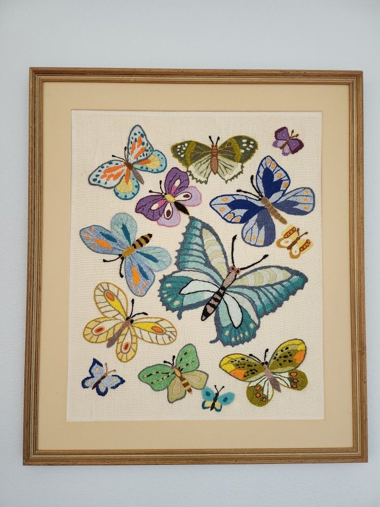 Vintage Butterfly Crewel Embroidery 