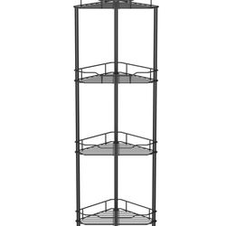 HuggieGems 4 Tier Floor Standing Corner Shower Caddy Organizer Shelf With Hooks, Bathroom Shelves Stand Rack, Black