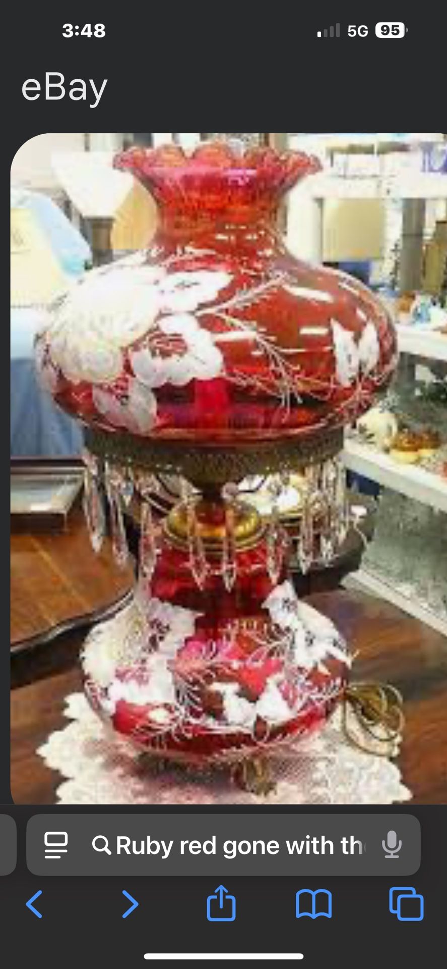 ANTIQUE WORKING MINT CONDITION FENTON “GONE WITH THE WIND” Hurricane Lamp. RUBY RED (CRANBERRY) color. Hand painted and signed by B Hart.  100% genuin