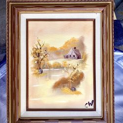 Fine warm original oil painting. Landscape, Signed CW, wood framed H17/12xL14/9 inch