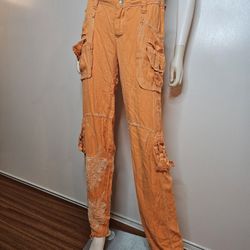 DA-NANG Orange Cargo Pants 100% Silk Size XS 