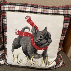 Holiday French Bulldog Throw Pillows – 18” x 18” – Plaid & Embroidered –