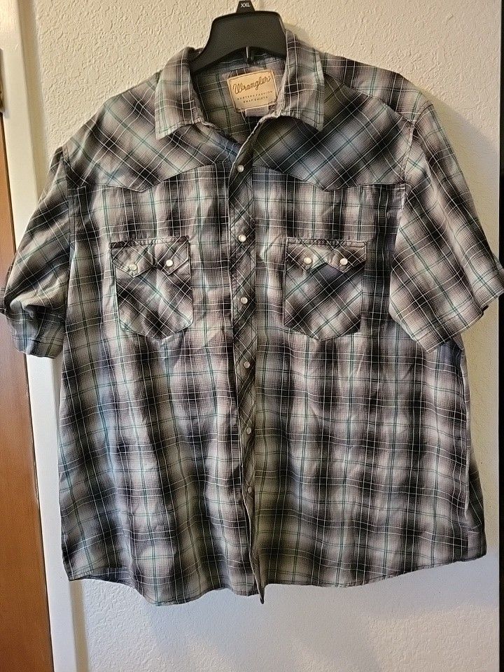 Wrangler Western Shirt Short Sleeve Pearl Snap Plaid Cowboy Vintage Size 2XL