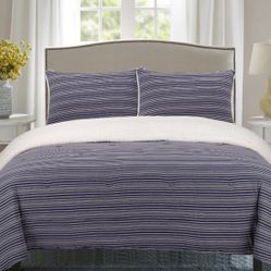 New Sherpa Comforter Set, Polyfill, Full/Queen, Blue Stripe, 3 PCS