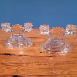 L.E. Smith Glass Clear Double Candlestick Holders ~ Set Of 2, Rib Depression