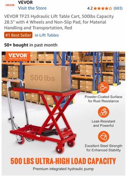 New/ Nuevo VEVOR TF23 Hydraulic Lift Table Cart, 500lbs Capacity 28.5" with 4 Wheels and Non-Slip Pad, for Material Handling and Transportation, Red