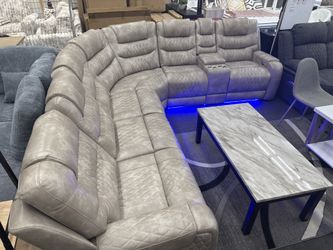 Light Grey Faux Leather LED Power Recliner Sectional Sofa Set w/Drop Down