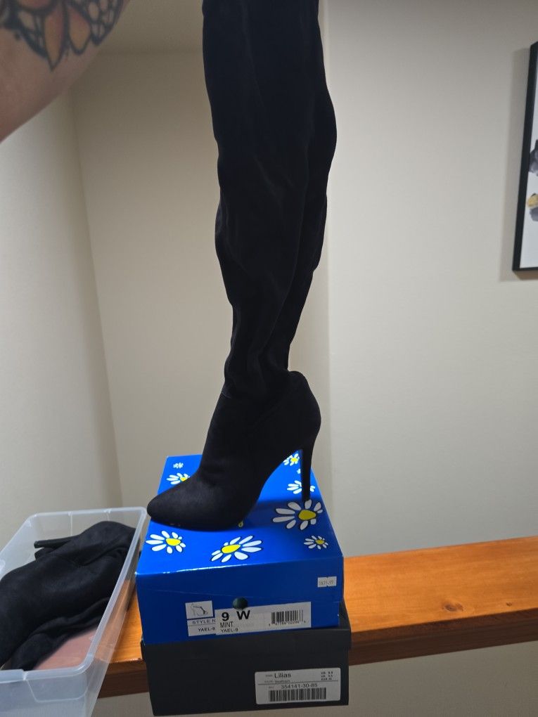 Black Thigh High Stilettos Size 9