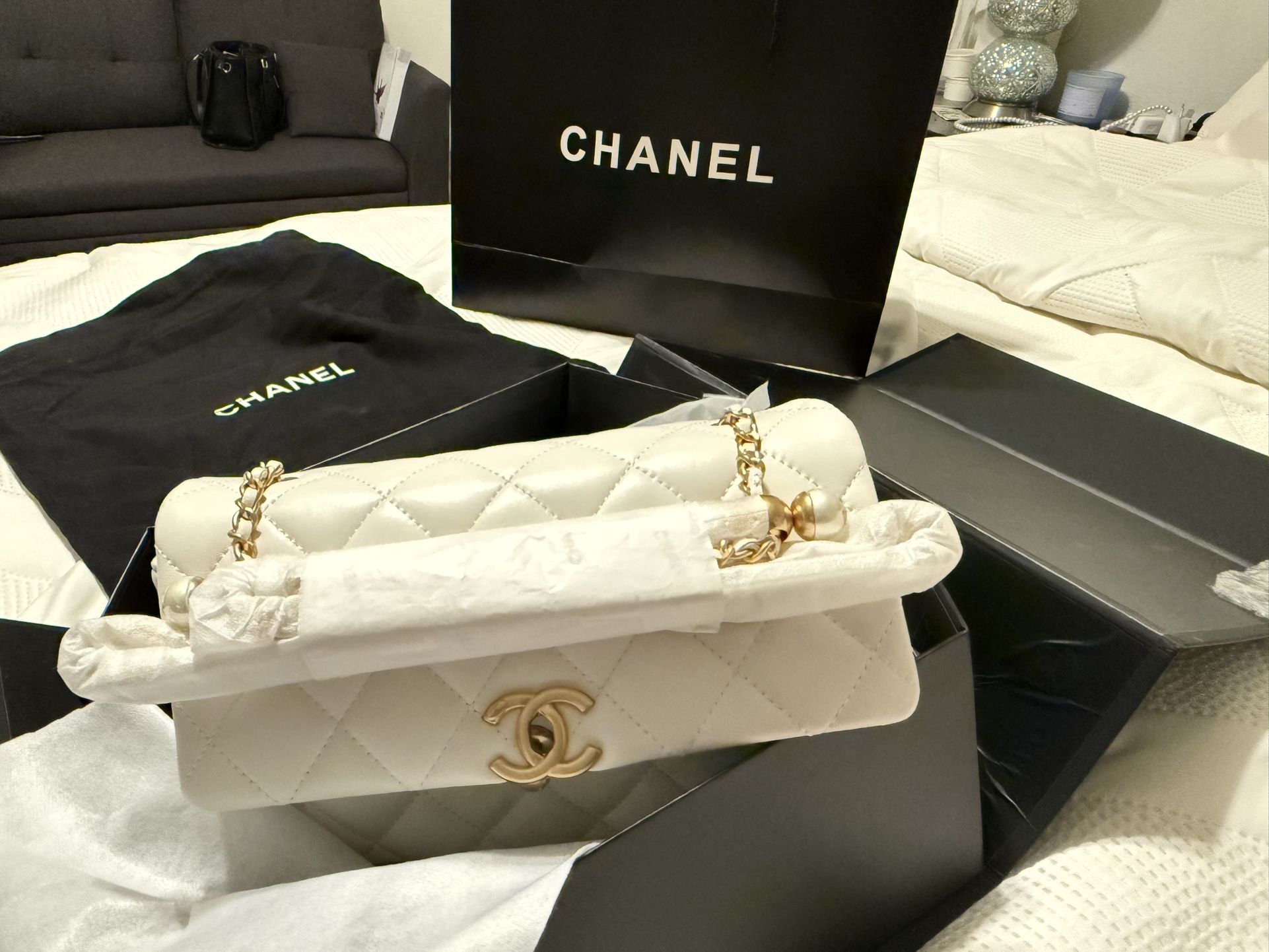 Authentic Chanel Quilted White Flap Bag