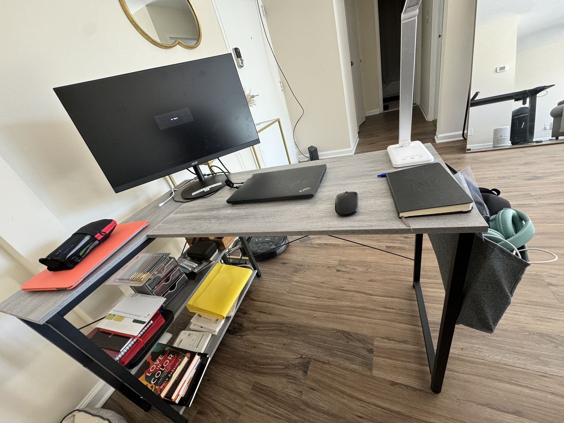 L shaped computer desk with reversible storage shelves and storage bag