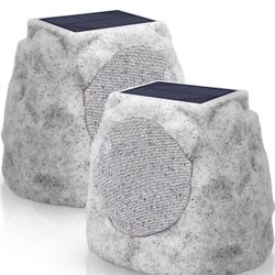 Outdoor Speakers Waterproof 2pack for All Seasons & Solar Powered with Rechargeable Battery Rock Speakers Wireless Bluetooth with Colorful LED Light f